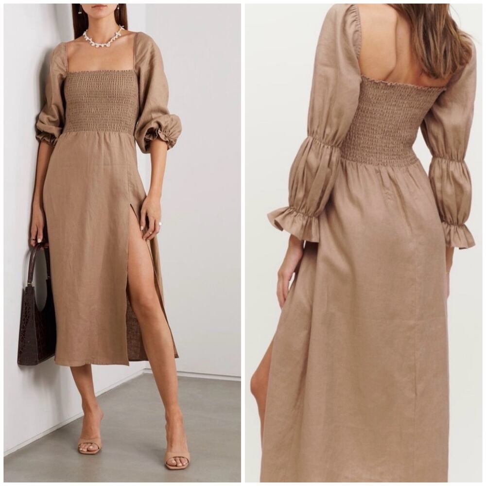 Reformation Hyland Linen Midi Dress Khaki